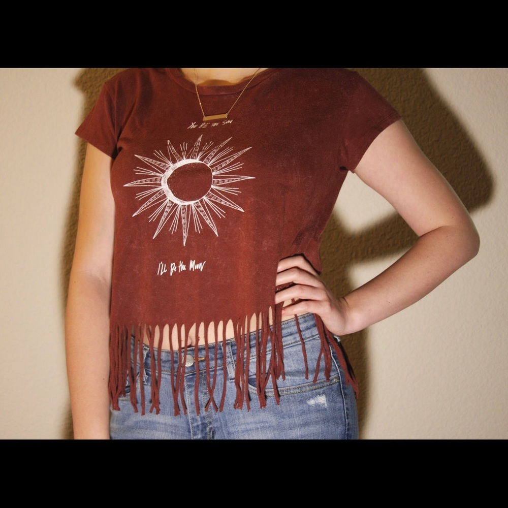 Red Top with Sun/Moon Design and Fringe Bottom